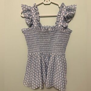 Blue Smocked Ruffle Sleeve Top